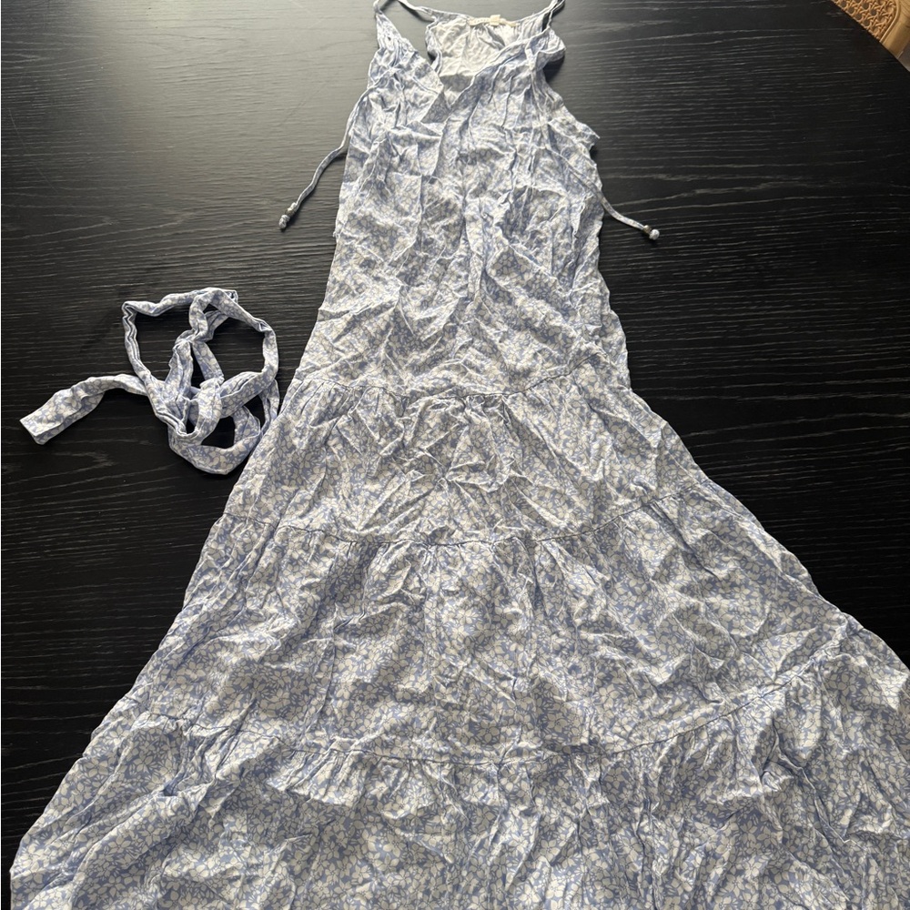 Blue Floral Linen Maxi Dress